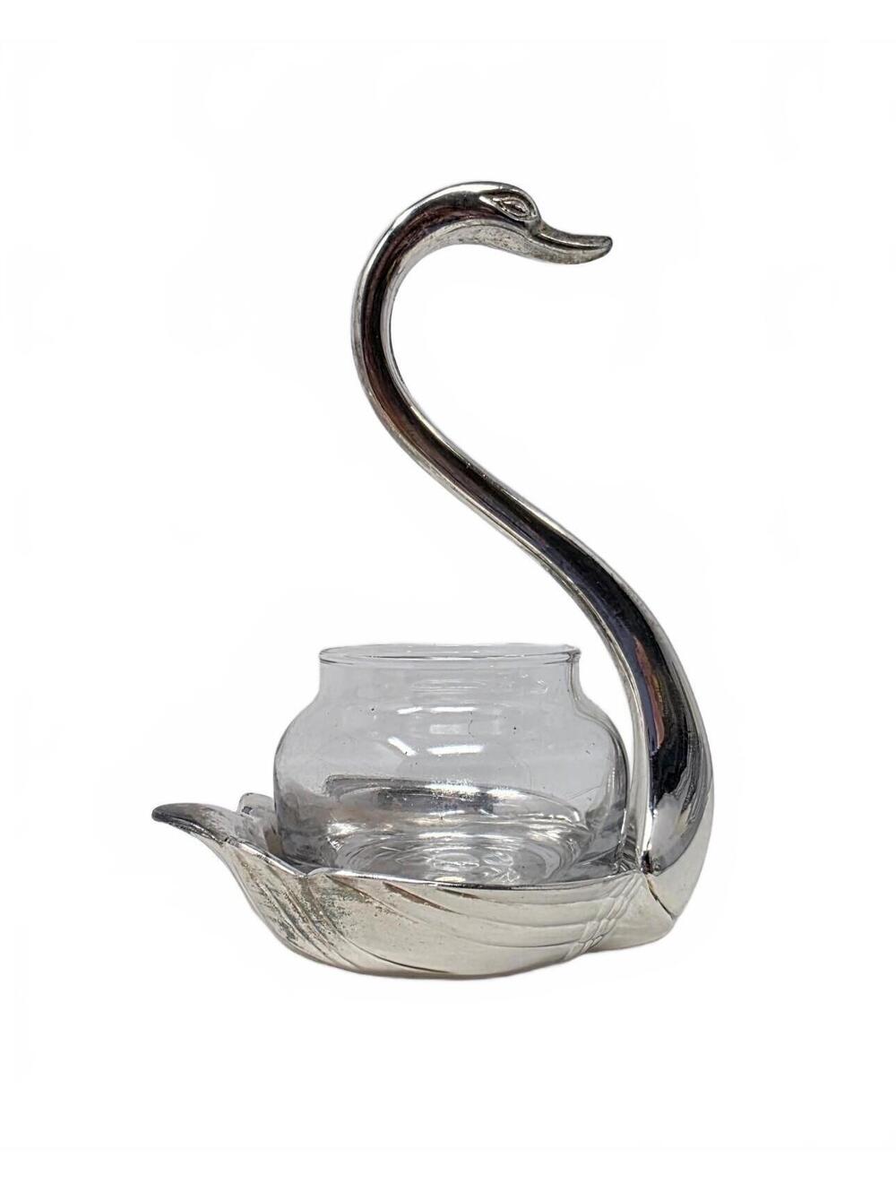 Vintage Silver Tone Swan Votive Candle Holder Glass Insert Bird Decor